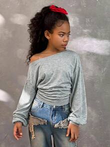 Tween Girls Grey Sweatshirt, Long Sleeve Pullover, Ruched Waist, Casual Fall Winter Crop Top Hoodie - Grey - View 4