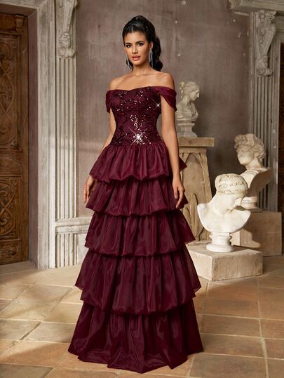Aureia Elegant Glamorous Deep Red Sequin Lace Patchwork Organza Cold Shoulder Cold Shoulder Sleeve A-Line Multi-Layered Tiered Cake Skirt Suitable For Formal Evening Party Ceremony Heavy Embellishment Evening Gown