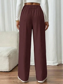 SHEIN PETITE CURVE Plus Size Women's Double Buckle Straight Leg Elegant Commuter Pants - Coffee Brown - View 2