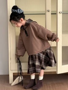 DAZY Tween Girl Patchwork Plaid Ruffle Hem Dropped Shoulder Long Sleeve Casual Hooded Dress - Camel - View 4