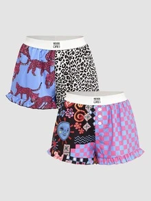 Chillnights Young Contrast Color Leopard Print Letter & Sun Graphic Frill Trim 2pcs Women's Pajama Bottoms - Multicolor - View 1