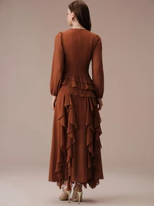 BELROSIE Gaun Panjang Ekstra Wanita Desain Romantis Elegan Berlapis-lapis Bahan Chiffon Warna Polos Musim Gugur/Musim Dingin, Cocok untuk Pesta Makan Malam Thanksgiving/Malam Hari dengan Nuansa Cokelat - Jeruk - View 3