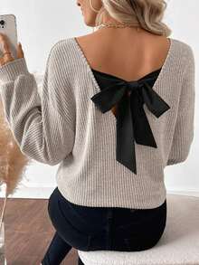 Weeklong Plus Size Women Casual Daily Relaxed Loose Knit V-Neck Vertical Stripe Drop Shoulder Flattering Waist Bow Back Decor Versatile T-Shirt - Light Grey - View 2