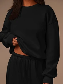 Athîral Setelan Sweatshirt Lengan Panjang dan Celana Panjang Warna Polos untuk Wanita - Hitam - View 5