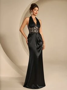 Coutiva Women's Lace Patchwork Pleated Elegant Cinched Waist Formal Evening Dress Halter Neck - Black - View 11