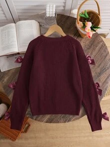 SHEIN 青少年女孩秋冬休閒圓領長袖鏤空蝴蝶結針織衫 - 酒紅色 - 查看 2