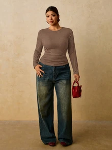 Travachic Plus Size Women Black Long Sleeve Round Neck Thermal Base Layer T-Shirt, Ruched Waist Flattering Belly Control Tee - Brown - View 5
