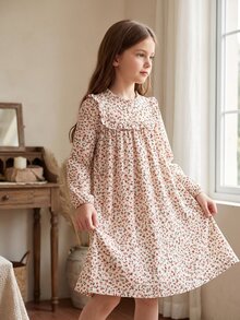 SHEIN Vintaside Kids 少女秋季棉質洋裝 小碎花數位印花 荷葉領長袖 田園風 - 彩色 - 查看 8