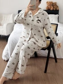 Napfluff CURVE Napfluff CURVE Plus Size Women Sweet Bow Print Coral Fleece Pajama Set - Multicolor - View 4