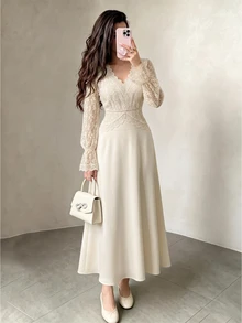 Modelyn Autumn/Winter Elegant Women's Long Dress V-Neck Design Long Sleeve Lace Fabric Patchwork Ruffle French Romantic Dress - Apricot - View 5