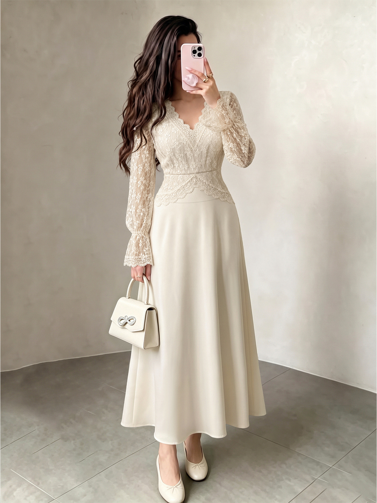 Modelyn 秋冬優雅女款長洋裝 V領設計長袖蕾絲布料拼接荷葉邊法式浪漫洋裝 - 杏色 - 查看 5