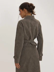 MUSEYN Jaket Abu-abu PU dengan Detail Tenun dan Sabuk Pengikat Pinggang, Serbaguna untuk Sehari-hari, Kasual, dan Musim Gugur. - Olive Green - View 4