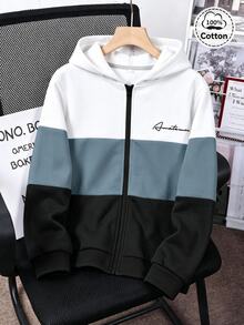 SHEIN 兒童青少年男孩休閒舒適拼色連帽衛衣外套，字母圖案，適合秋冬、戶外玩耍、學校、街頭穿搭、派對與休閒，超值之選 - 彩色 - 查看 2