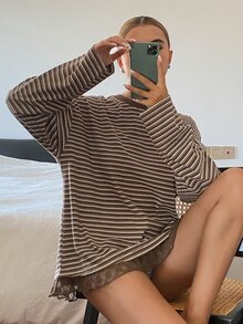 Dazy Tall Women's Round Neck Loose Striped Lace Patchwork Urban Casual T-Shirt - Brown - View 6