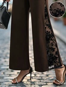 Editum Women's Lace Patchwork Casual Daily Wear Long Pants - Coffee Brown - View 7