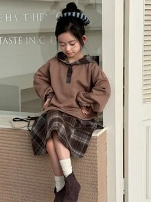 DAZY Tween Girl Patchwork Plaid Ruffle Hem Dropped Shoulder Long Sleeve Casual Hooded Dress - Camel - View 9