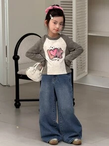 DAZY 青少年女孩寬腿寬鬆休閒百搭牛仔褲，附口袋 - 深色水洗藍 - 查看 4