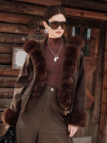 Anewsta Women Luxury Faux Leather Jacket With Plush Faux Fur Trim Hooded Winter Coat - Brown - View 6