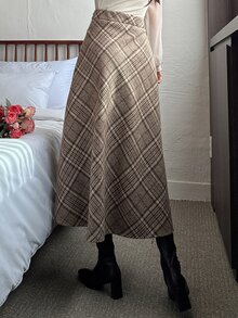 Dazy Tall Women's Plaid Elegant A-Line Long Skirt Fall - Khaki - View 2