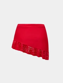 Swim Oasis Christmas Red Petal Trim Bandeau Detachable Shoulder Strap Skirt Swimsuit One Piece Two Pieces Set - Red - View 3