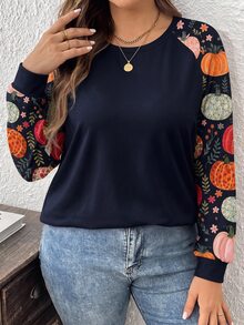 Comfylo 大尺碼女款休閒落肩袖圓領寬鬆版型T恤，適合春秋穿著 - 藏蓝色 - 查看 5