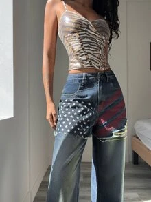 Jeanoix Y2K Wasteland Style Distressed Gradient Denim Straight Leg Jeans With Front Star Stripe Print Layered Ripped Holes Button Adjustable Wide Leg Pants - Dark Wash - View 3