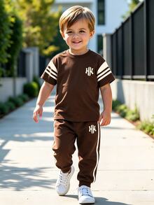 Kids Young Boy Autumn New Casual Minimalist Loose Comfortable Sporty Style Round Neck Short Sleeve & Long Pants 2pcs Set - Multicolor - View 4