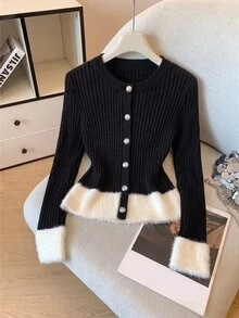 SHEIN Raffinéa Women's French Style Color Block Faux Mink Knit Cardigan, Autumn/Winter - Black and White - View 1