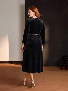 MOTF PREMIUM VELVET KNIT BOW BELT FLARED SLEEVE MID-LENGTH DRESS AUTUMN/WINTER - Black - View 5