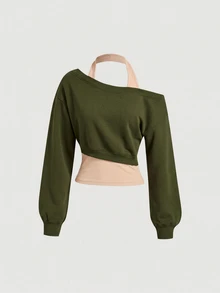 SHEIN MOD 女款不對稱領灰色二合一衛衣 秋冬款 - 軍綠色 - 查看 1