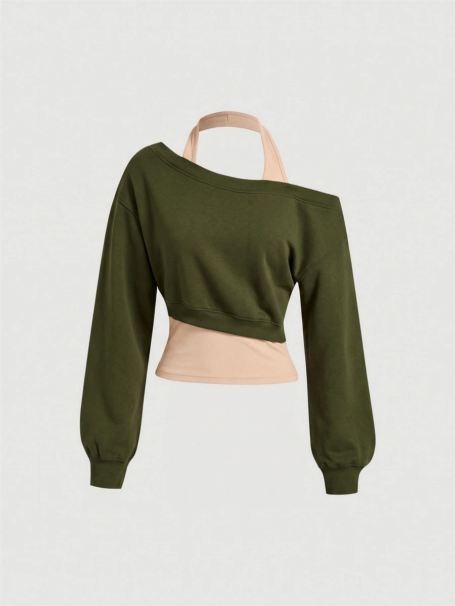 SHEIN MOD 女款不對稱領灰色二合一衛衣 秋冬款 - 軍綠色 - 查看 1