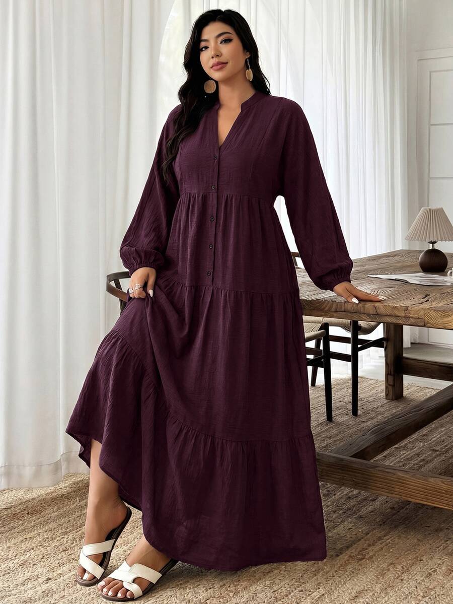 Weeklong Plus Size Solid Dark Grey Textured V-Neck Lantern Sleeve Tiered Maxi Dress, Versatile For Work & Casual Wear - Burgundy - View 1