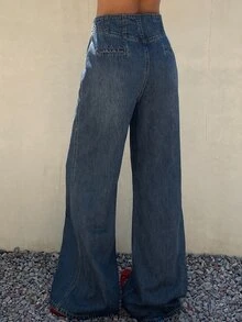 Livesso Tall High Waist Seam Front Flare Leg Jeans - Dark Wash - View 2