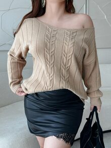 Vibekara Plus Size Women Loose Sexy Asymmetrical Shoulder Cable Knit Long Sleeve Pullover Sweater Autumn Winter - Khaki - View 3