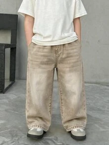 SHEIN Little Byeori 兒童男童藍色牛仔寬鬆長褲 - 卡其色 - 查看 3
