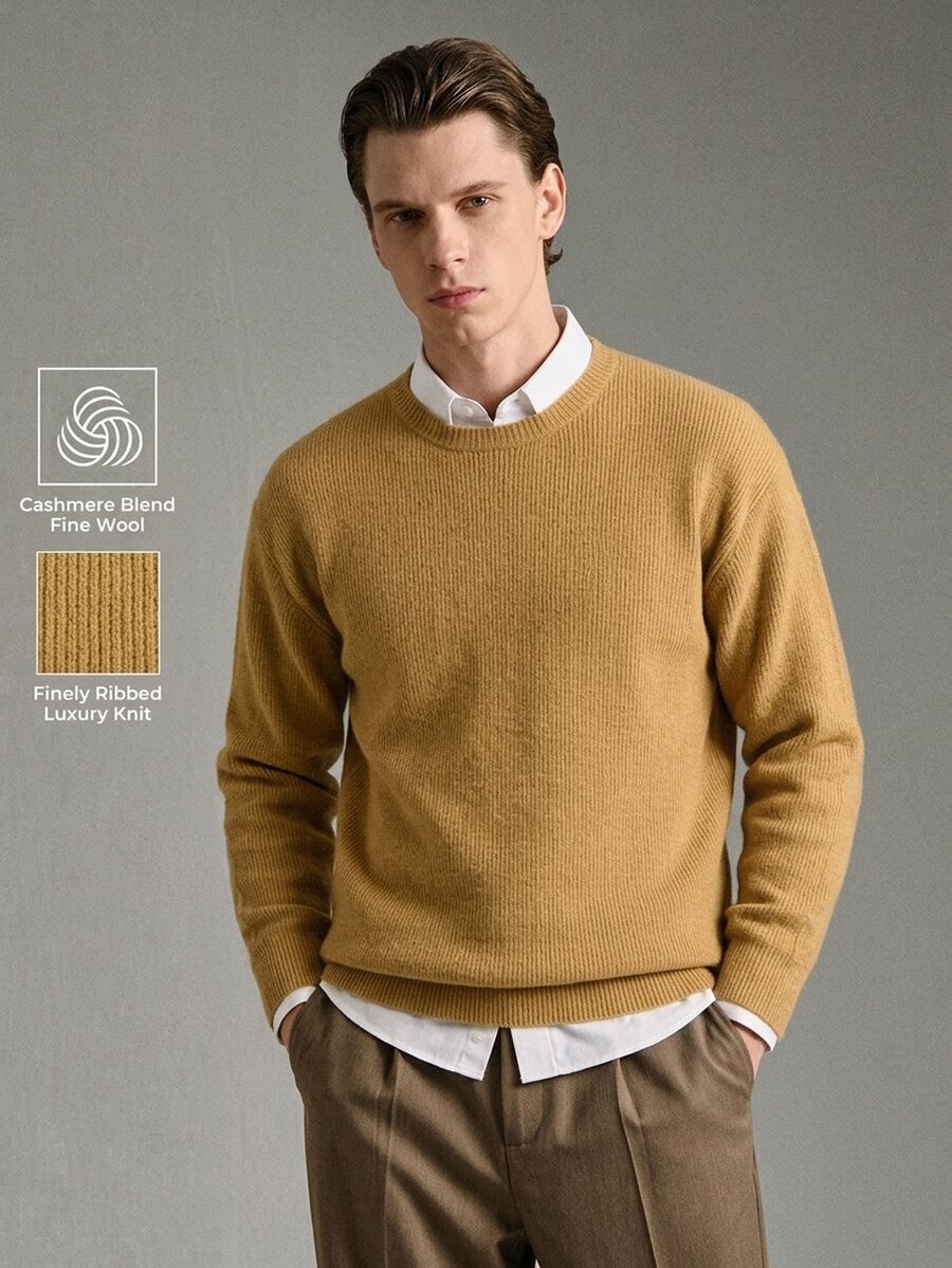 Calmiston Men's Solid Color Crew Neck Long Sleeve Casual Versatile Sweater Old Money Formal Brown - Green - View 1