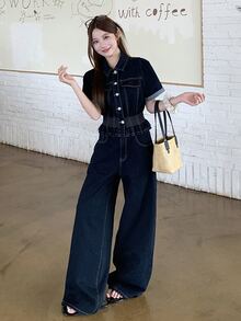 Dazy Tall Women's Short Sleeve Denim Top & Loose Straight Leg Pants Casual Denim Two Pieces Set - Dark Wash - View 3