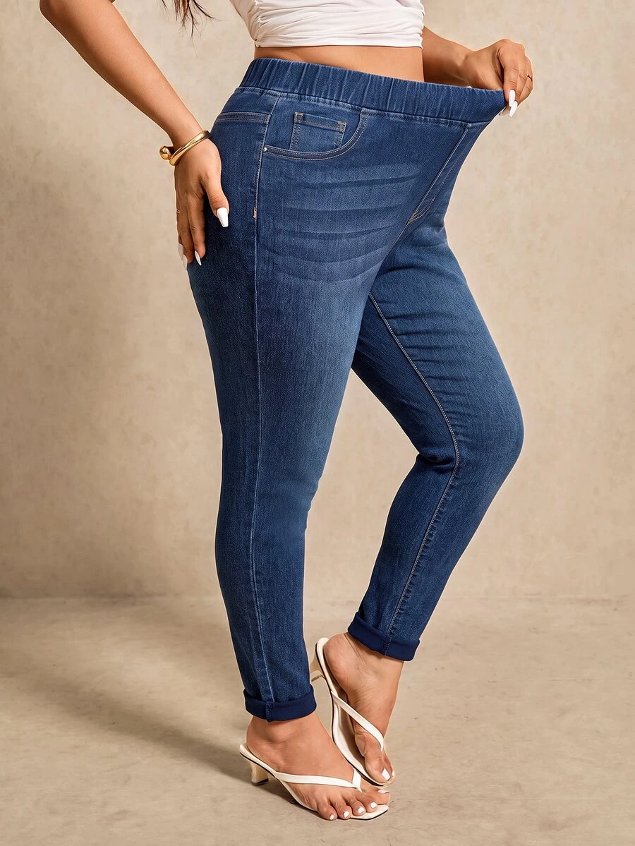 SHEIN ICON Plus Size Women's Casual Everyday Denim Jeans With Pockets - Medium Wash - View 1