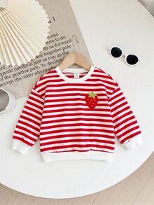 SHEIN 女嬰條紋草莓圖案休閒日常長袖運動衫 - 紅色 - 查看 5