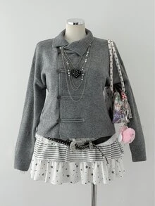 Sunspun Napoleon Style Women Plus Size Casual High Neck Asymmetric Placket Frog Button Long Sleeve Slim Fit Cardigan Sweater Fall - Grey - View 5