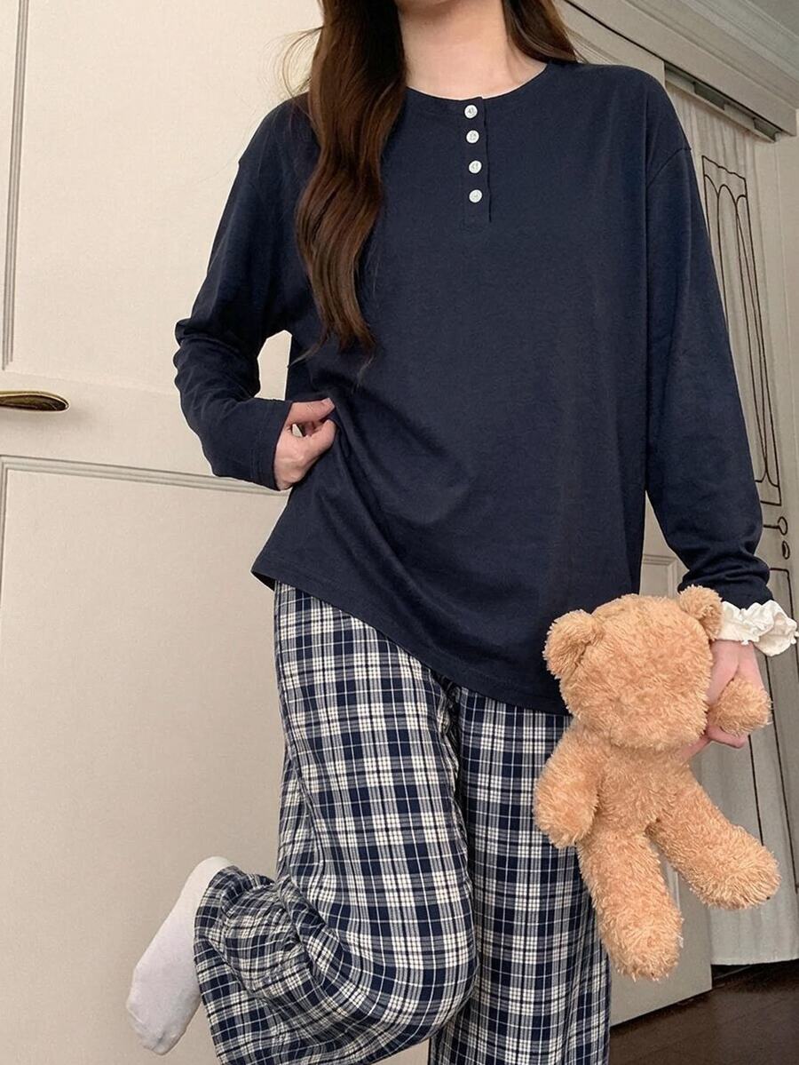 DAZY 女款純色長袖上衣與格紋長褲休閒日常居家服套裝 - 藏蓝色 - 查看 1