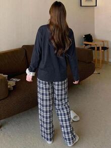 DAZY 女款純色長袖上衣與格紋長褲休閒日常居家服套裝 - 藏蓝色 - 查看 2
