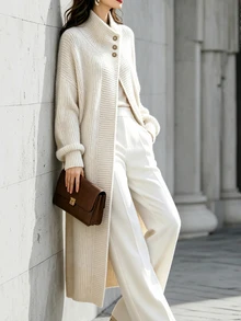 SHEIN Women's All-Match Fashion Minimalist Versatile Lapel Button Long Cardigan Stand Collar Button Commuter Sweater Coat - Apricot - View 5