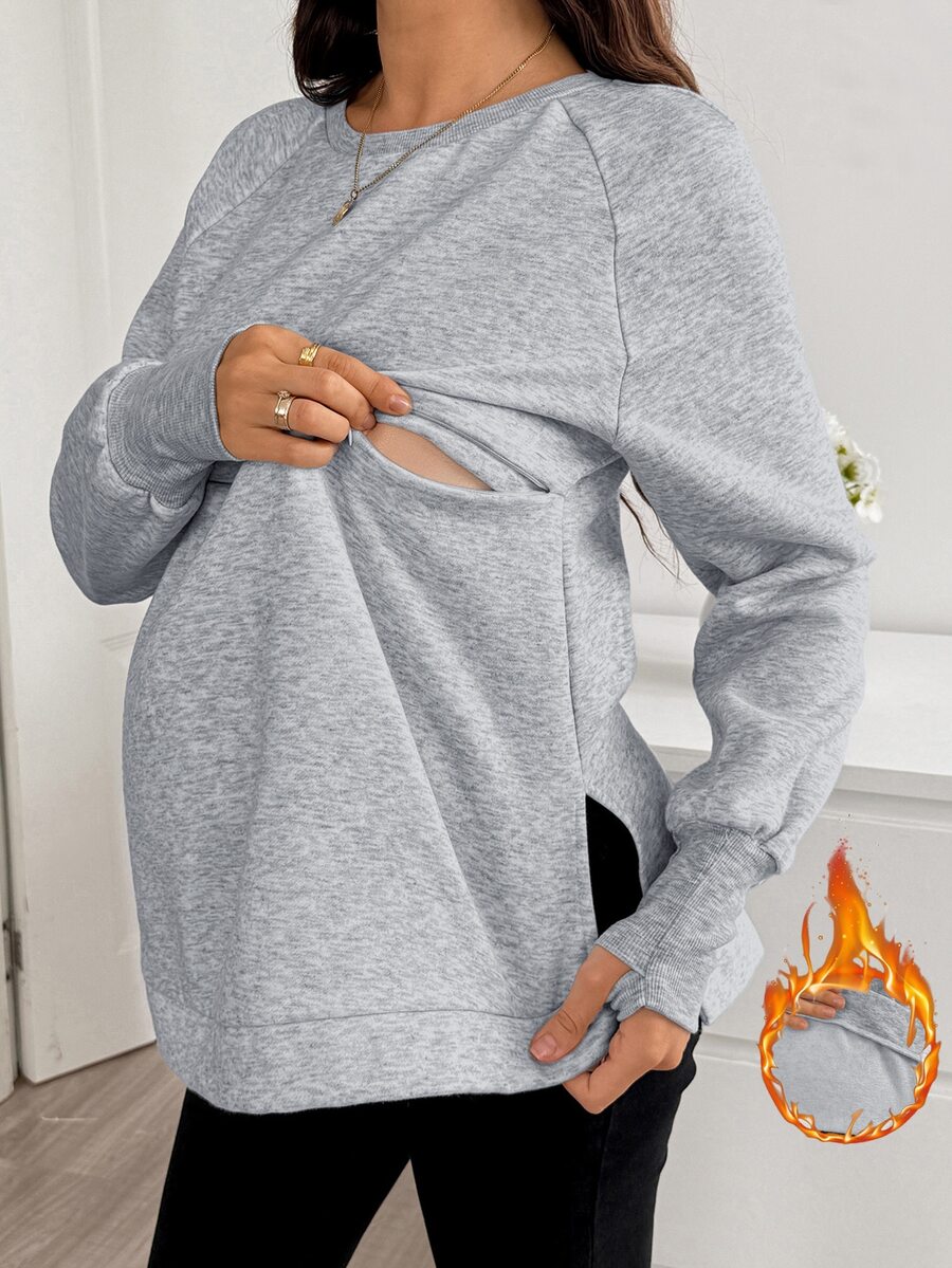 SHEIN Maternity Solid Color Round Neck Raglan Long Sleeve Casual Nursing Sweatshirt Winter - Grey - View 1