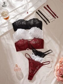 SHEIN مجموعة ملابس داخلية نسائية مثيرة من الدانتيل الأبيض 6 قطع - متعدد الألوان - مشاهدة 3