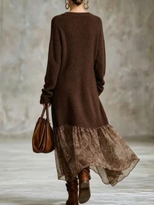 Breezaya Women's V-Neck Long Sleeve Patchwork Floral Print Asymmetric Hem Fashion Dress - Brown - View 2
