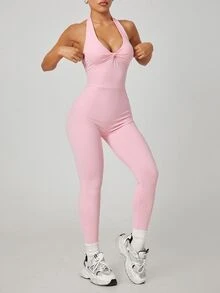 SHEIN Sovereign Charm Jumpsuit Olahraga Wanita Warna Polos dengan Leher V Dalam dan Desain Berpilin, Model Halter Neck - Berwarna merah muda - View 5