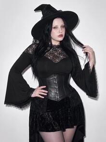 SHEIN ICON Atasan Kaos Rajut Lengan Lonceng Dasar Motif Renda Patchwork Halloween Y2K Ukuran Plus, Pakaian Dalam Gaya Gothic - Hitam - View 2