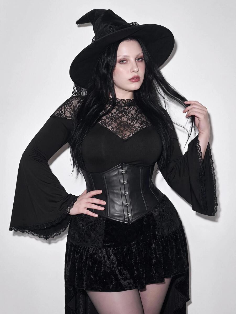 SHEIN ICON Plus Size Y2K Halloween Lace Patchwork Basic Bell Sleeve Knit T-Shirt Top Gothic Innerwear - Black - View 1
