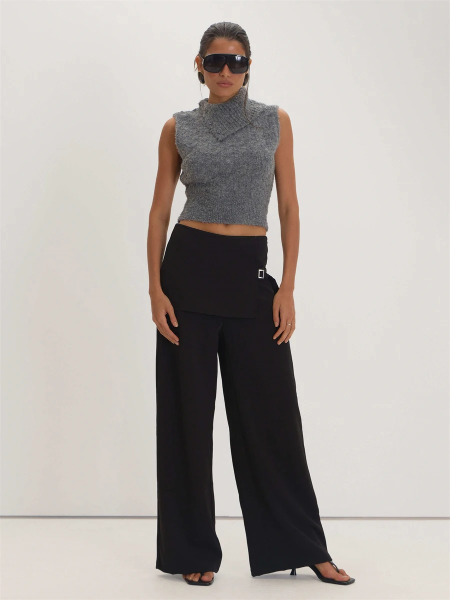 MUSEYN Black Woven Fold Over Buckle Layered Trousers Versatile Everyday Casual Fall - Black - View 1